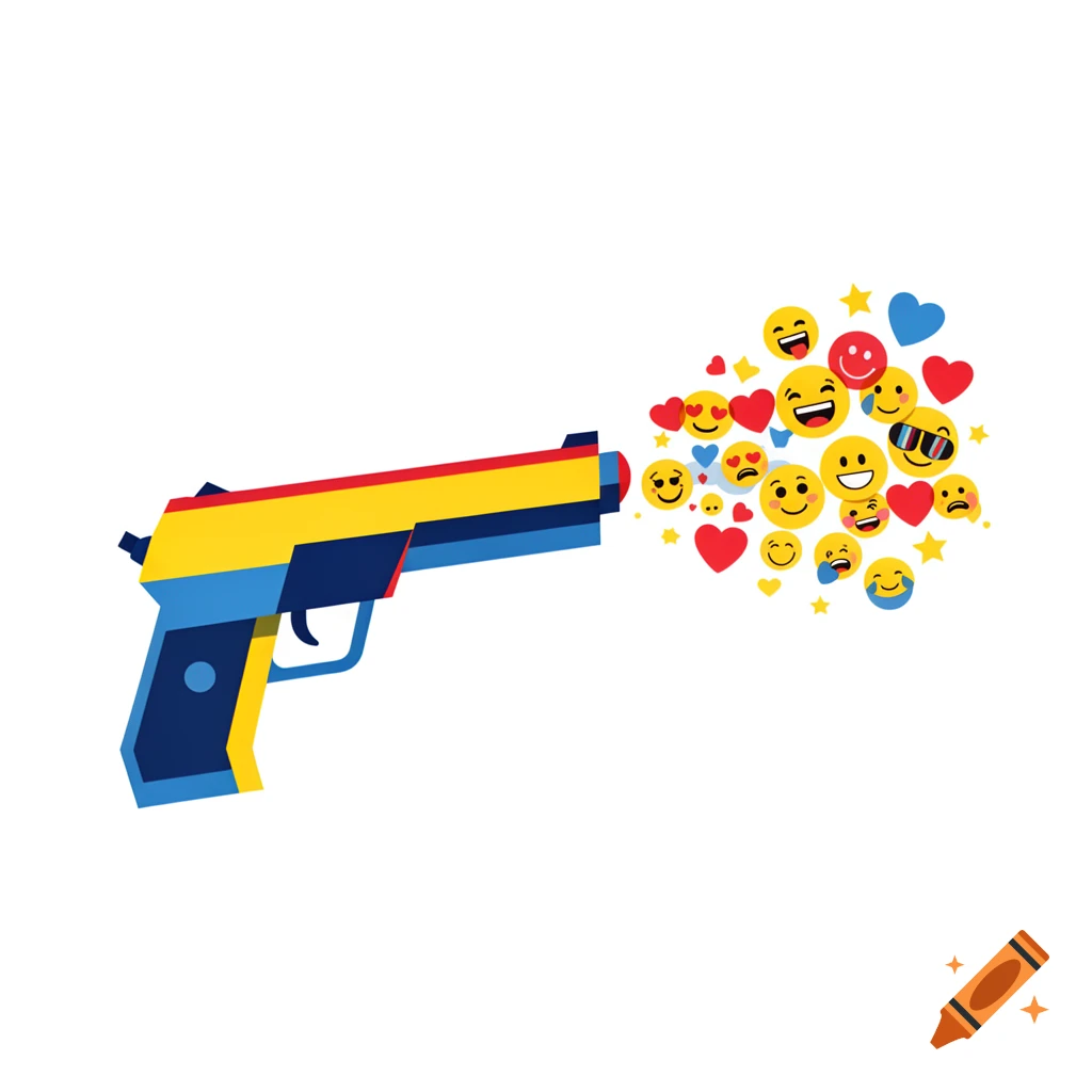 A colorful, cartoon-style gun, in blue, yellow, and red, shoots a stream of various yellow emojis, red hearts, and small stars.