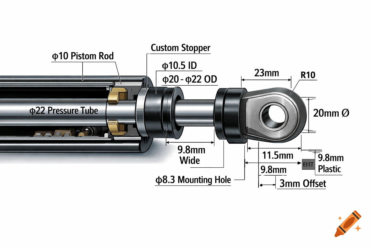 A detailed technical diagram showing the cross-section of a damper component with various dimensions and parts labeled in black text on a white background.