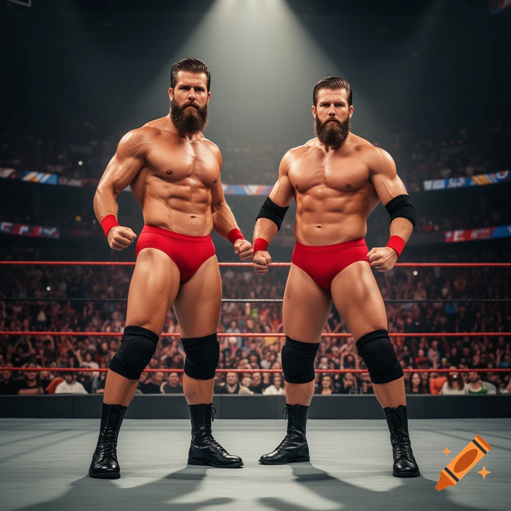 Two muscular, bearded male wrestlers in red briefs and black boots stand confidently in a wrestling ring, under bright arena lights, with a crowd in the background.