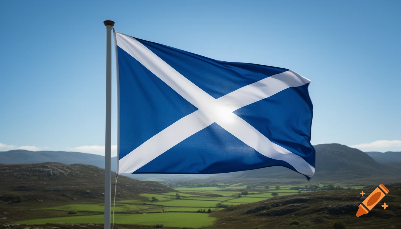 A blue Scottish flag with a white saltire waves against a clear blue sky over a green, mountainous landscape.