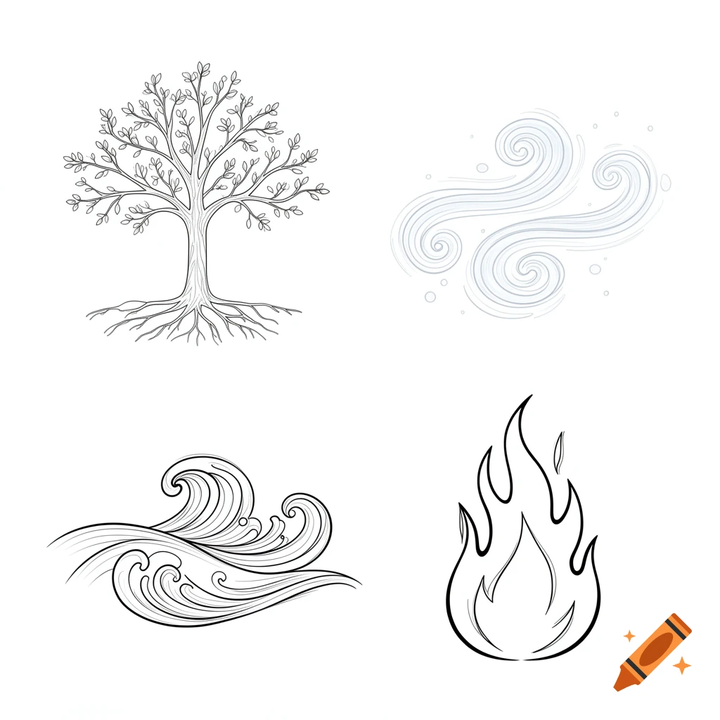 Four simple line art drawings of earth (tree), air (wind), water (waves), and fire elements on a white background.