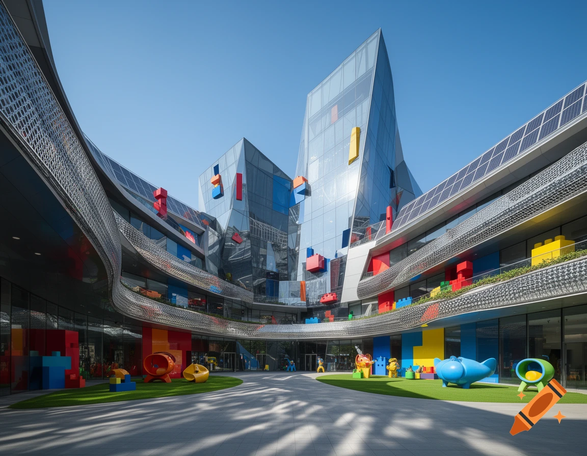 Modern architectural complex with glass facades and solar panels, adorned with colorful blocks, enclosing a courtyard with playground equipment. Hyperrealistic style.