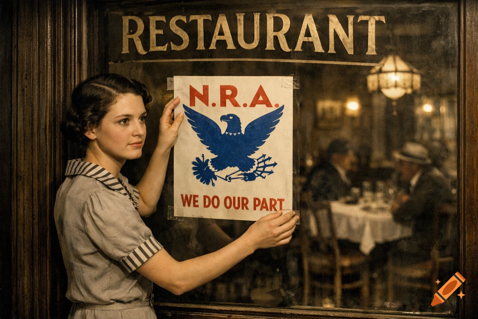 A young woman posts a Depression-era NRA 'WE DO OUR PART' sign in a restaurant window, 1930s style.