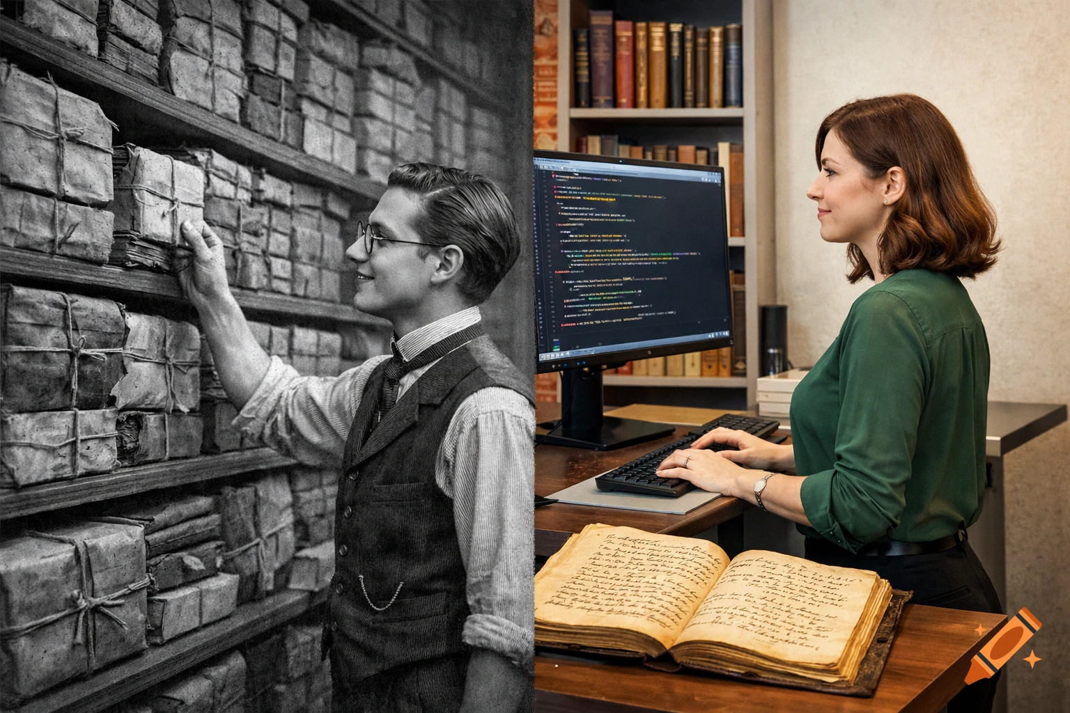 Split image shows a man in a black and white archive from the late 19th century and a woman in a color modern office working on a computer.
