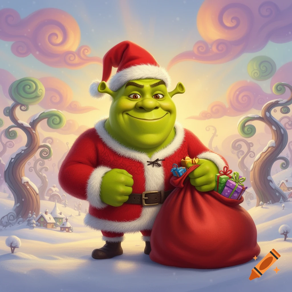 Shrek dressed as Santa Claus, holding a red sack of presents in a snowy, whimsical winter landscape.