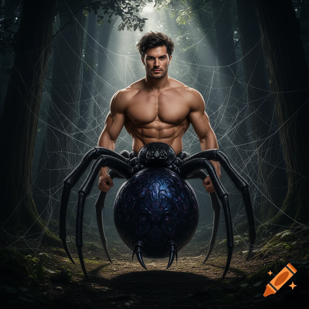 Muscular shirtless man with a huge black spider for a lower body ...