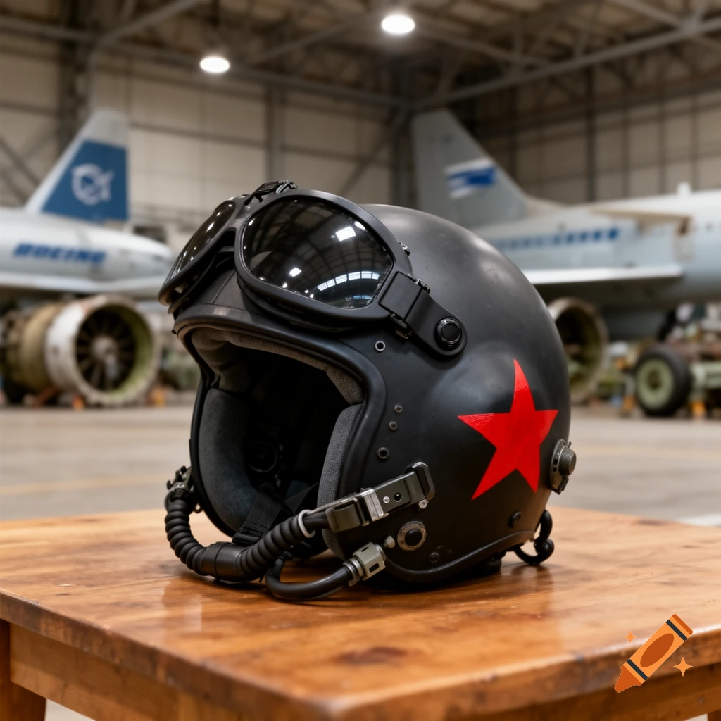 A black jet fighter helmet with a red star and goggles on a wooden table, with Boeing aircraft in a hangar background.