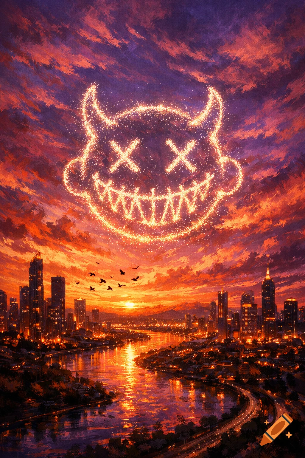 Vibrant digital art of a city at sunset with a river, mountains, and a glowing, devil-like face logo with 'X' eyes in the dramatic sky.