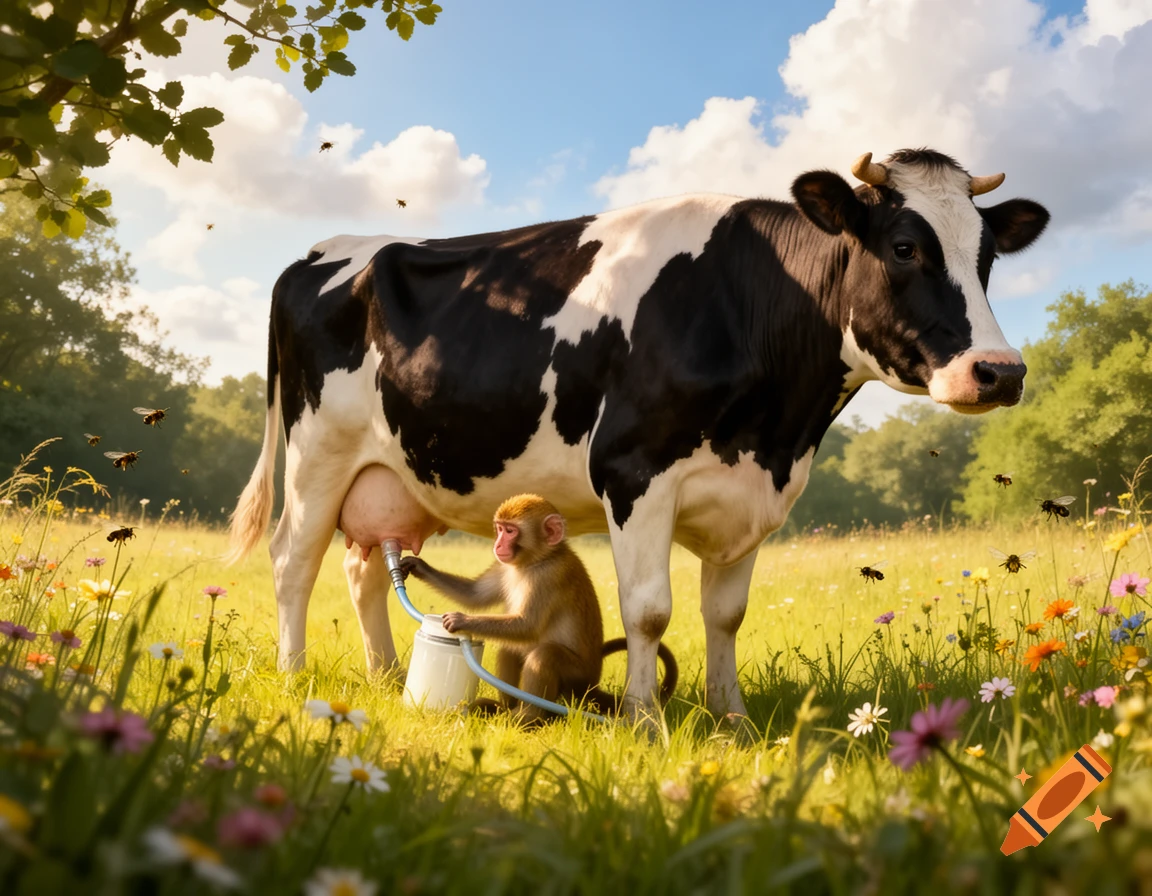 A macaque monkey milks a black and white dairy cow using a hose and bucket in a sunny, flowery meadow.