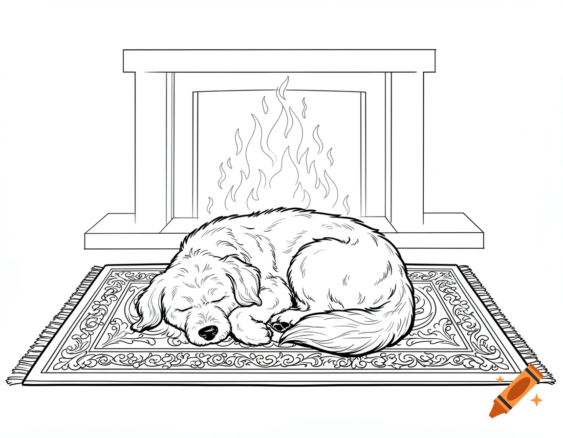 A sleeping dog on an ornate rug in front of a fireplace, depicted in a black and white coloring book style.
