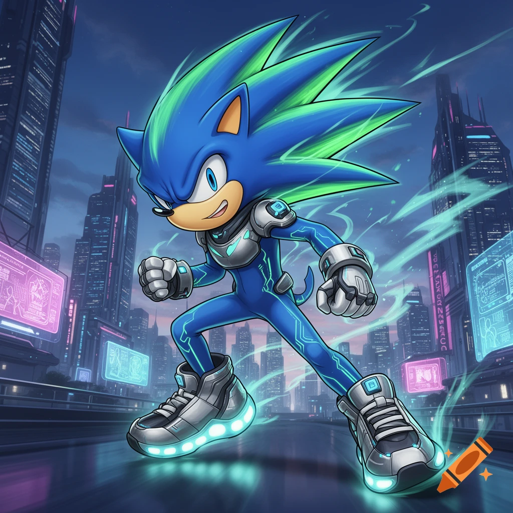 A blue and green hedgehog character in a futuristic suit runs through a neon sci-fi city, anime style.
