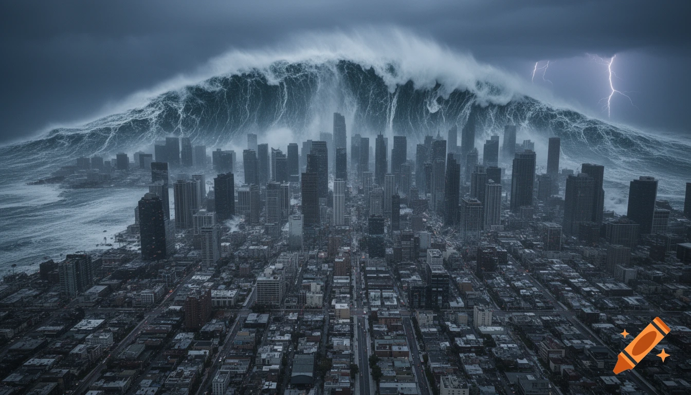 A massive, towering tsunami with crashing waves engulfs a densely packed city under a dark, stormy sky with lightning.