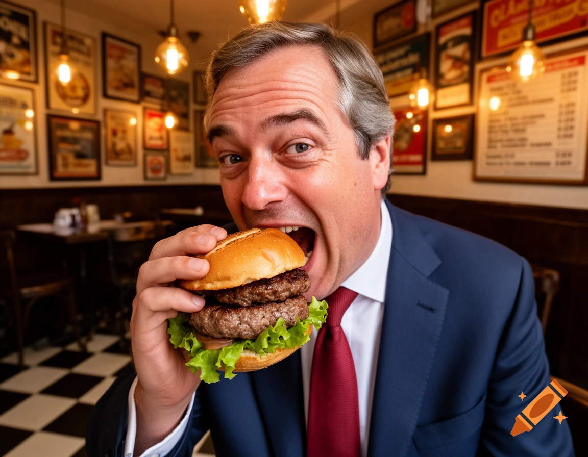 A man resembling Nigel Farage eagerly bites into a large double-patty burger in a photorealistic image taken inside a restaurant.