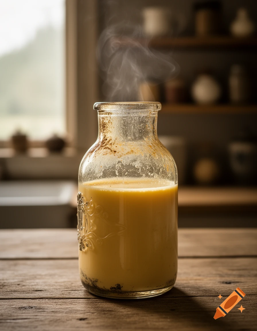 A rustic image of a glass bottle filled with golden steamed milk, sitting on a wooden table in a sunlit kitchen.