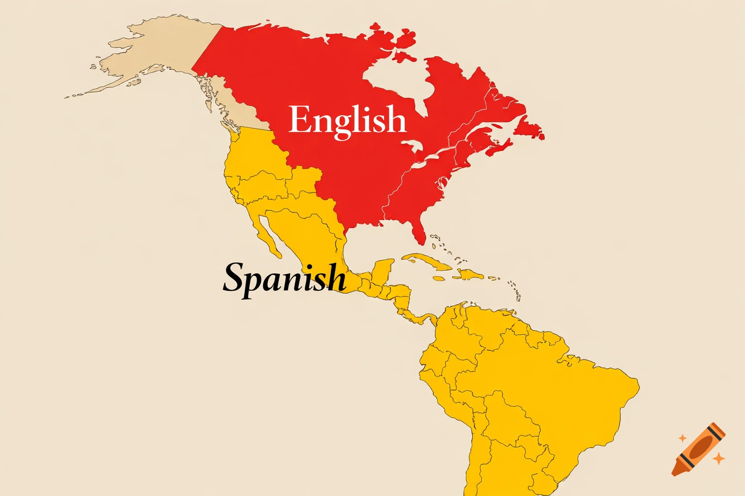 Map of the Americas showing North America in red labeled "English" and Central/South America in yellow labeled "Spanish".