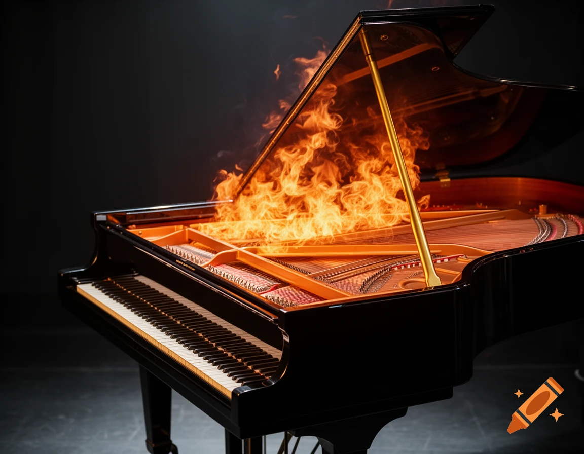 A black grand piano with its lid open, engulfed in bright orange flames from within against a dark background.