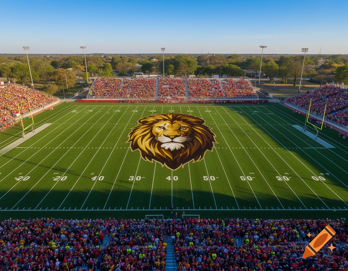 Aerial view of a packed football stadium with a large lion mascot on the green field, under a clear blue sky.
