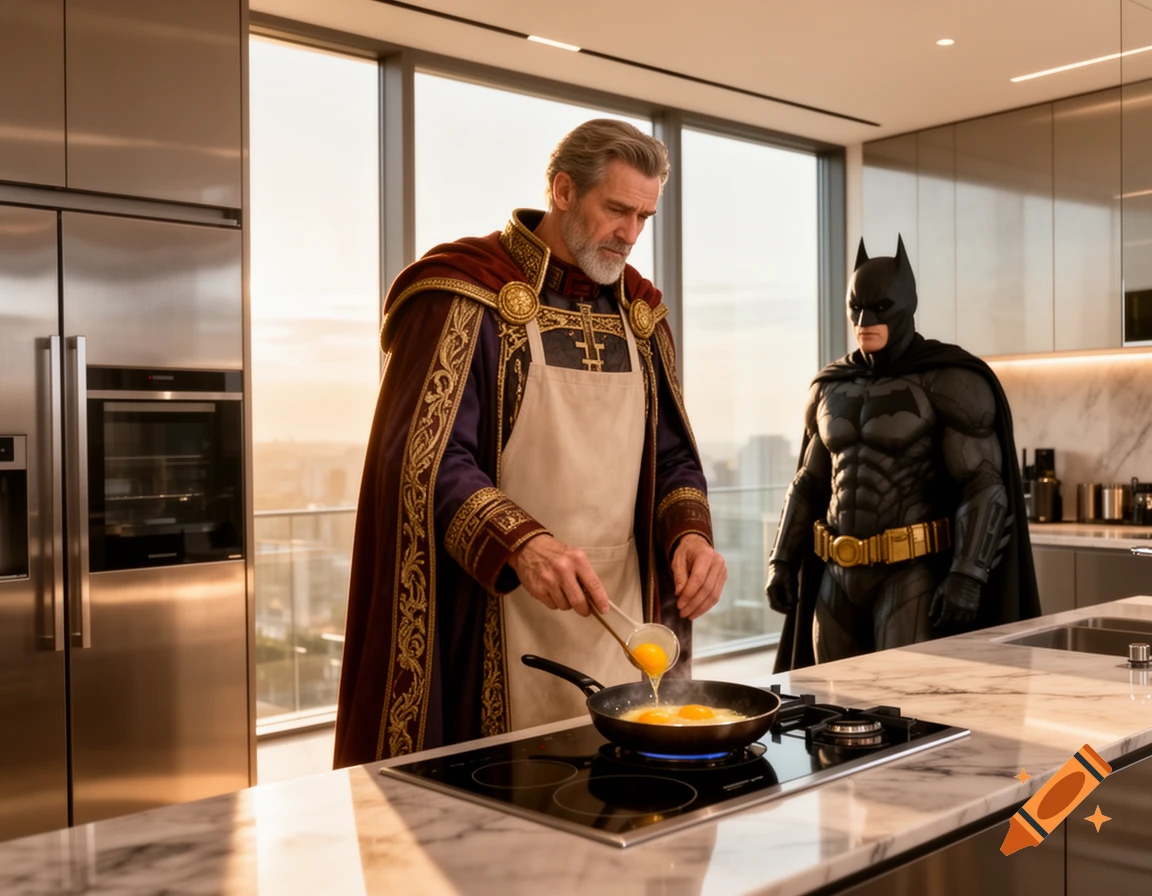 Photorealistic image of an older man in a regal robe and apron cooking eggs in a modern kitchen, with Batman standing beside him.