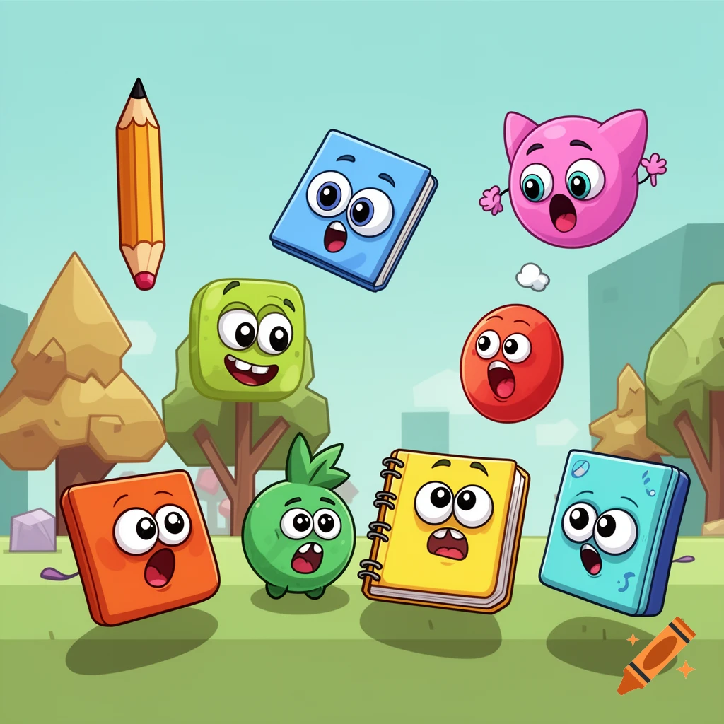 A vibrant cartoon scene featuring various anthropomorphic objects with large expressive faces, including a pencil, books, and creatures, in a stylized landscape.