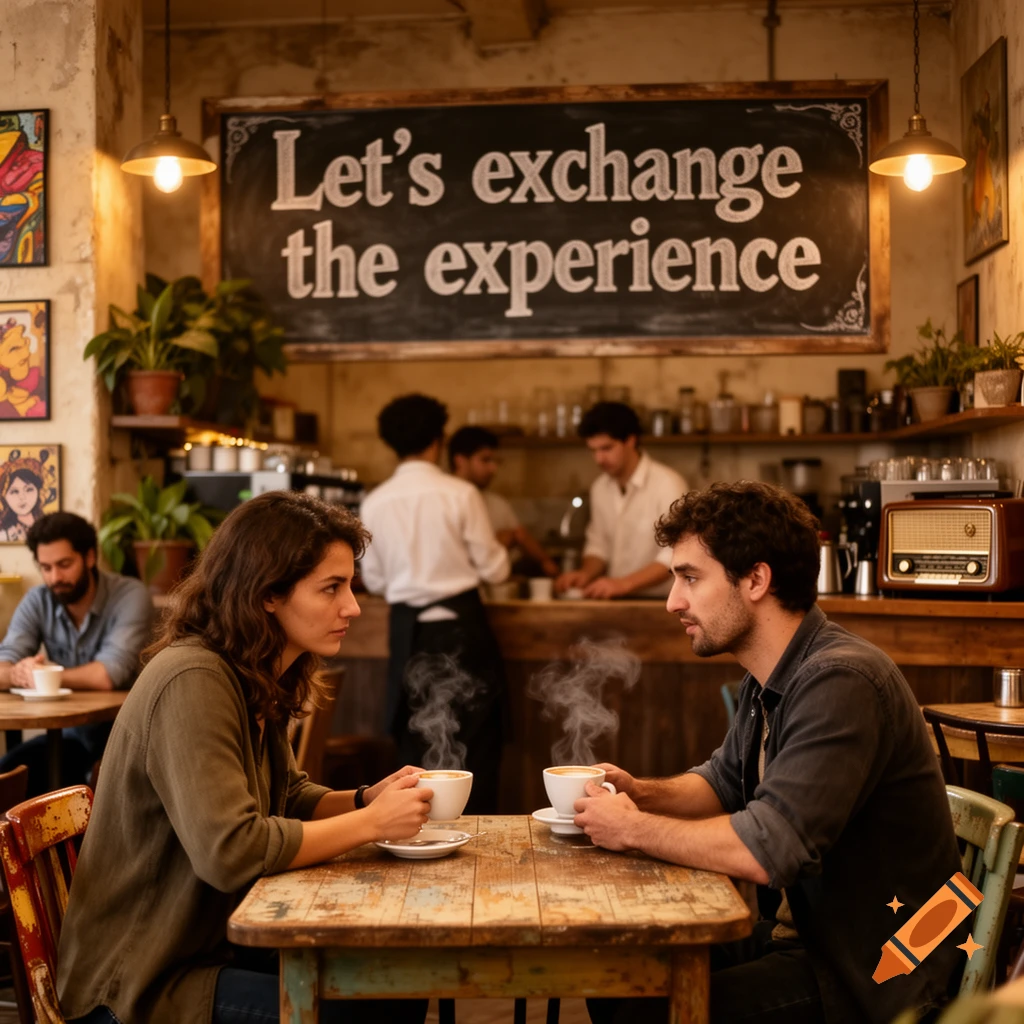 A couple talks over steaming coffee in a cozy coffee shop. A blackboard sign says 'Let's exchange the experience'. Photorealistic style.