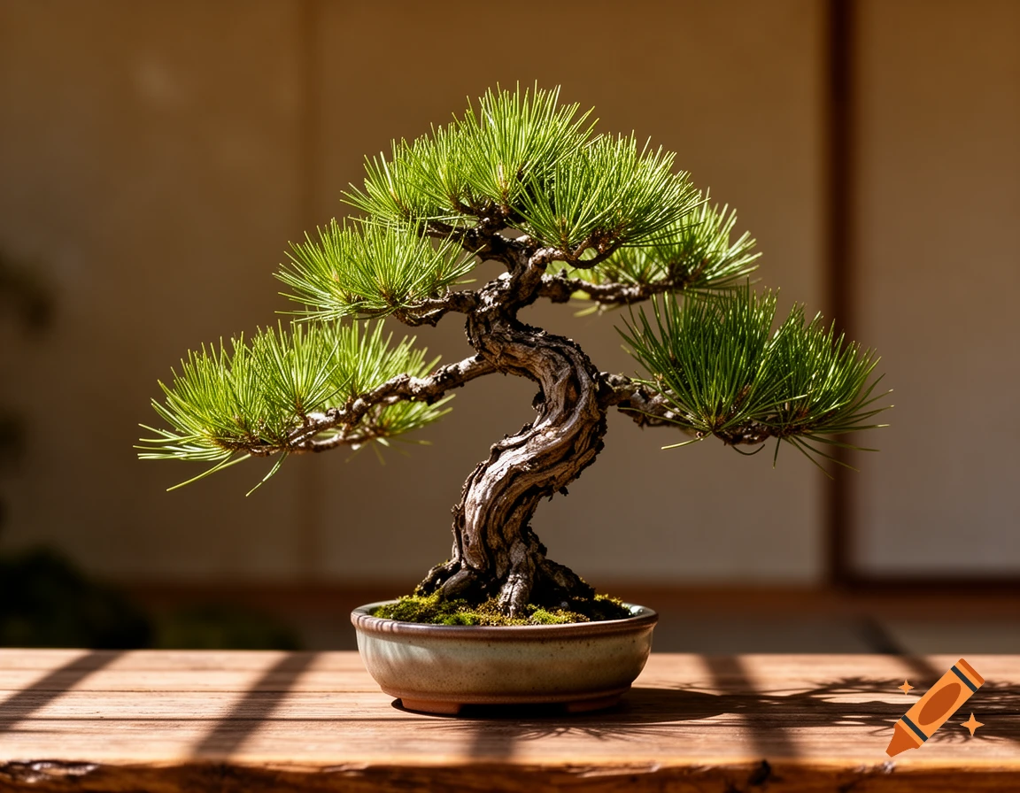 A close-up, photorealistic image of a gnarled bonsai tree with vibrant green needles in a ceramic pot on a wooden table.