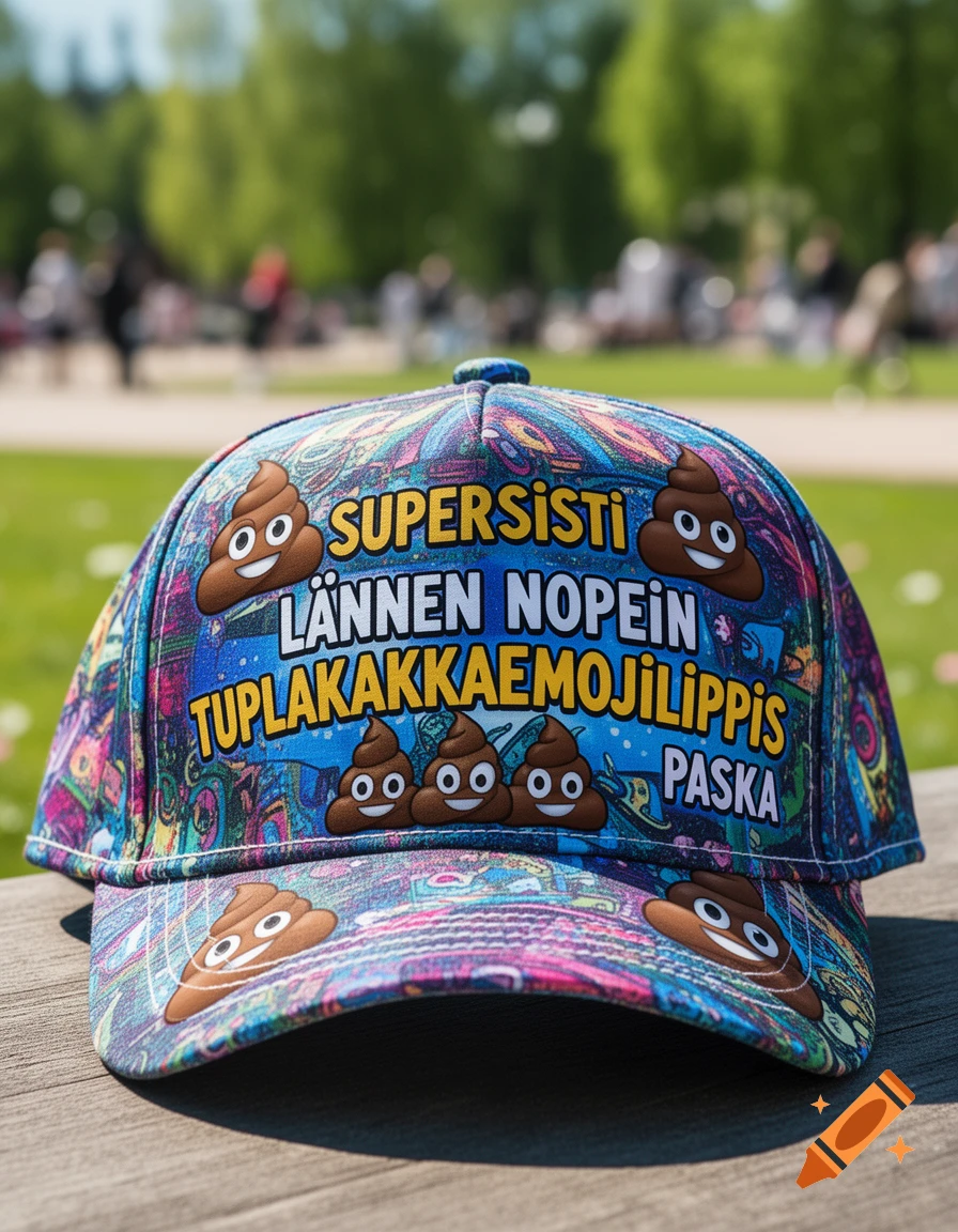 Colorful baseball cap with poop emojis and Finnish text 'SUPERSISTI LÄNNEN NOPEIN TUPLAKAKKAEMOJILIPPIS PASKA' on a wooden surface outdoors.