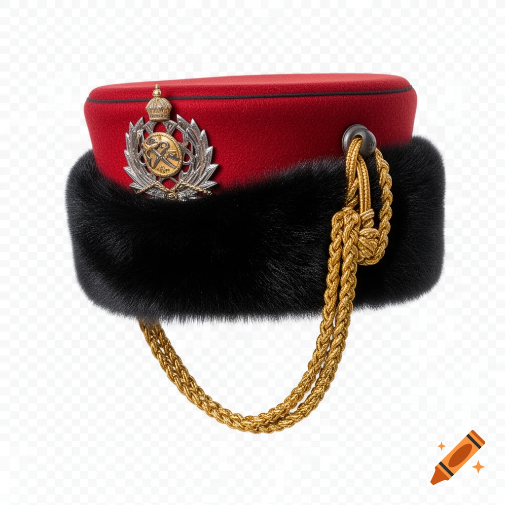 A red Hussar cap with a black fur brim, a golden braided cord, and a silver and gold emblem, on a transparent background.