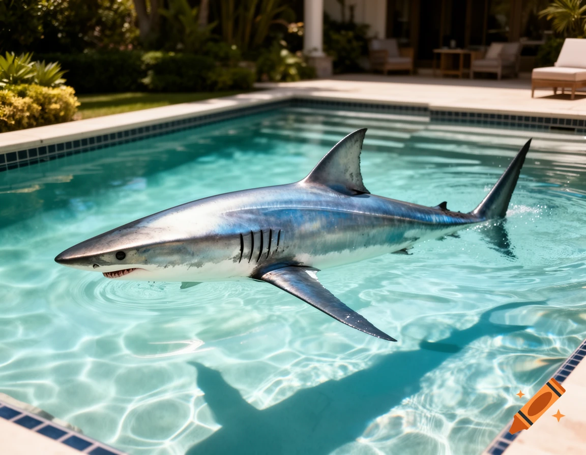 A realistic shark swims in a bright blue swimming pool with a house and garden in the background.