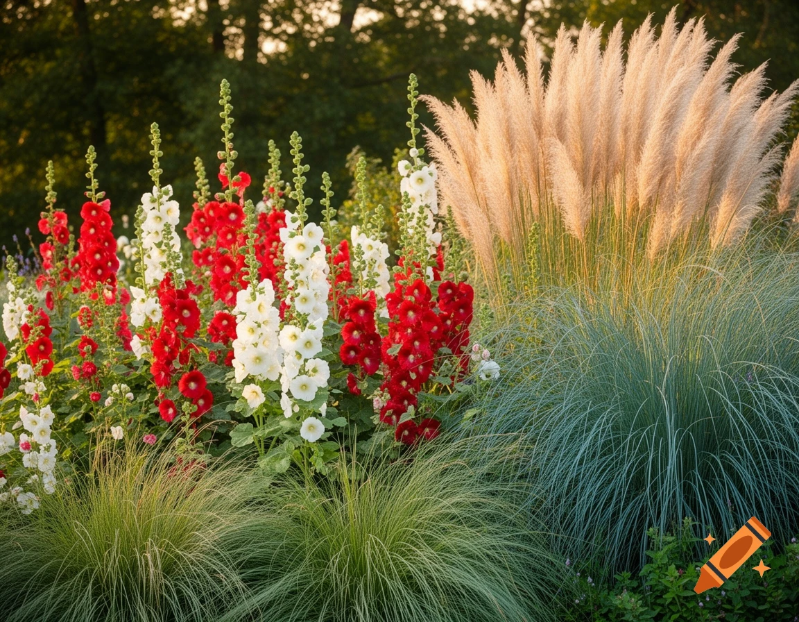 A vibrant flower bed with red and white hollyhocks, feathery pampas grass, and other ornamental grasses.