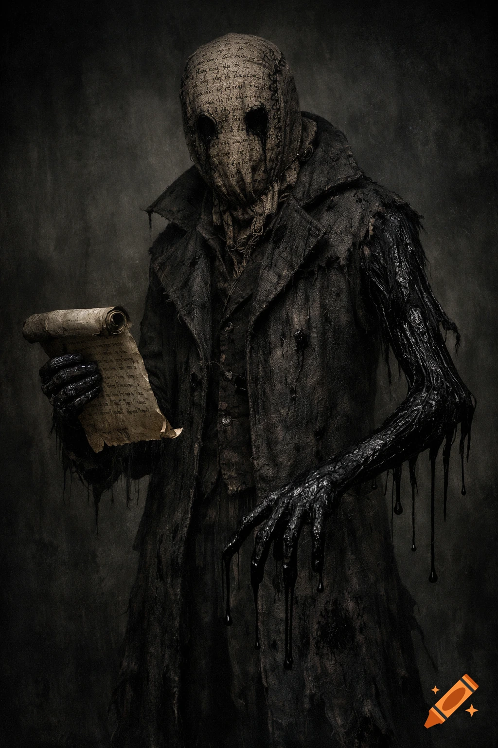 A creepy humanoid horror figure with a burlap sack head covered in ...