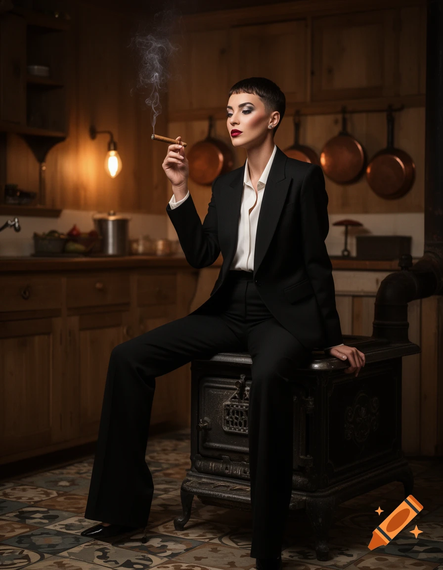 A stylish woman in a black suit sits on a rustic stove, smoking a cigar in a warm, dimly lit kitchen.