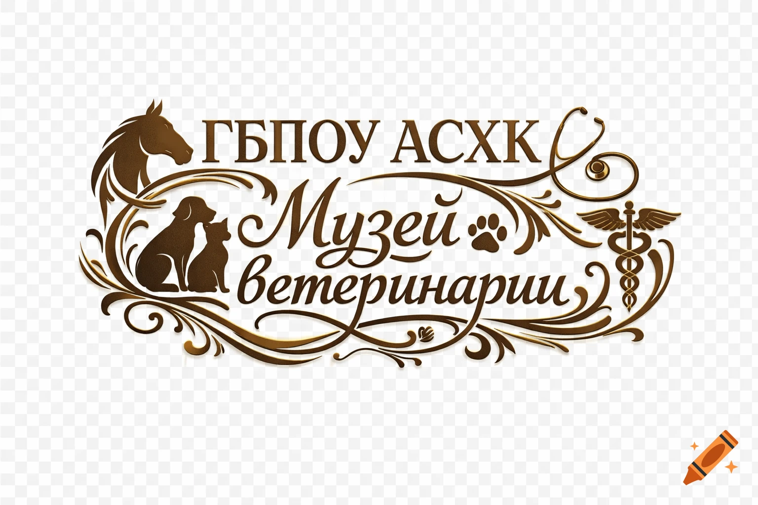 Brown and gold logo for 'Veterinary Museum' with stylized horse, dog, cat, stethoscope, and caduceus.