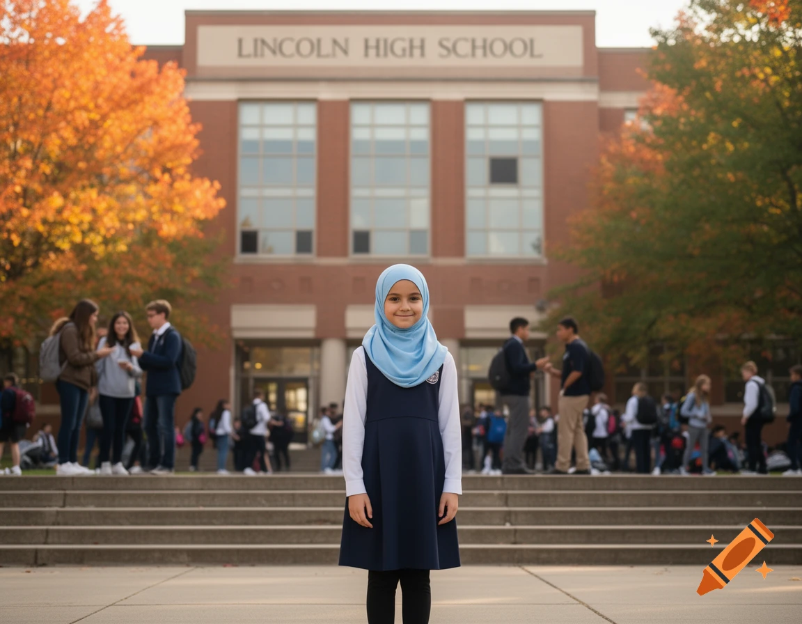 A smiling young girl in a blue hijab and navy dress stands before Lincoln High School with students in the background.
