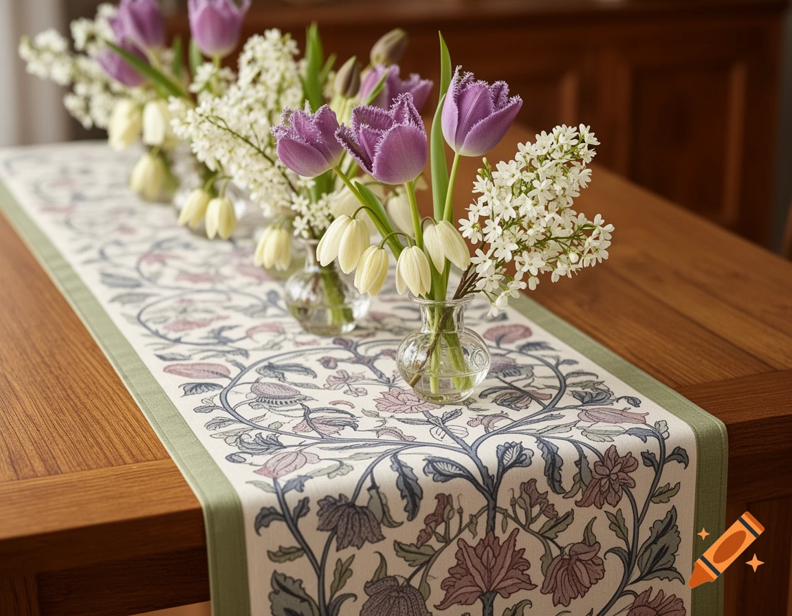 Elegant table runner with floral pattern on an oak table, featuring vases with purple tulips, white fritillaria, and white sprigs.
