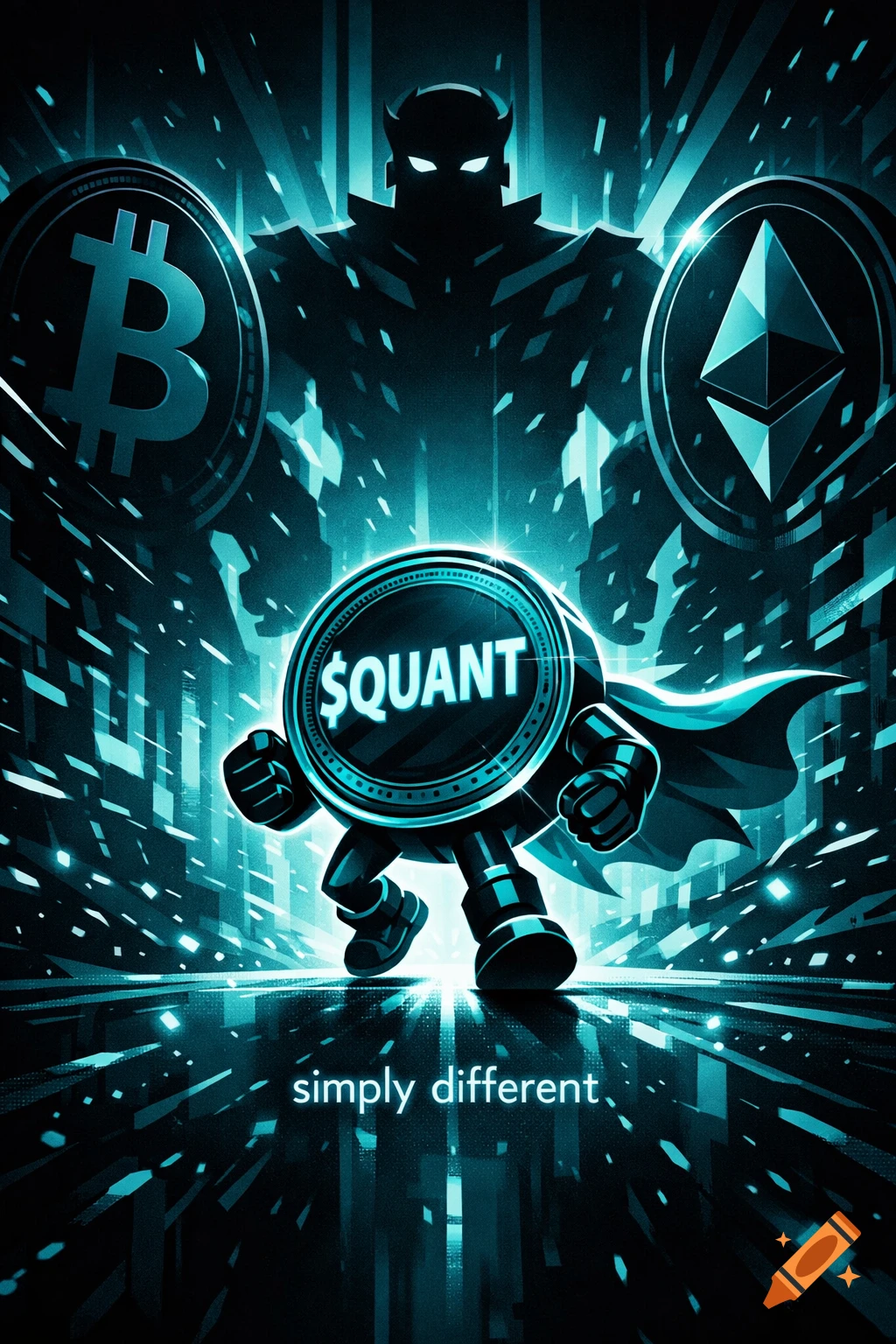 Heroic Quant coin walks against shadowy Bitcoin and Ethereum in a futuristic digital battlefield. Text reads '$QUANT' and 'simply different'.