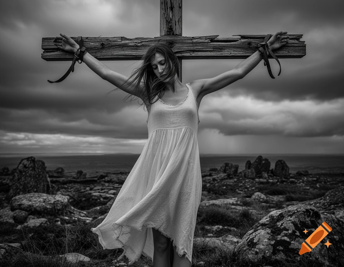 Black and white image of a woman in a white dress tied to a wooden cross on a rocky, desolate landscape under a cloudy sky.