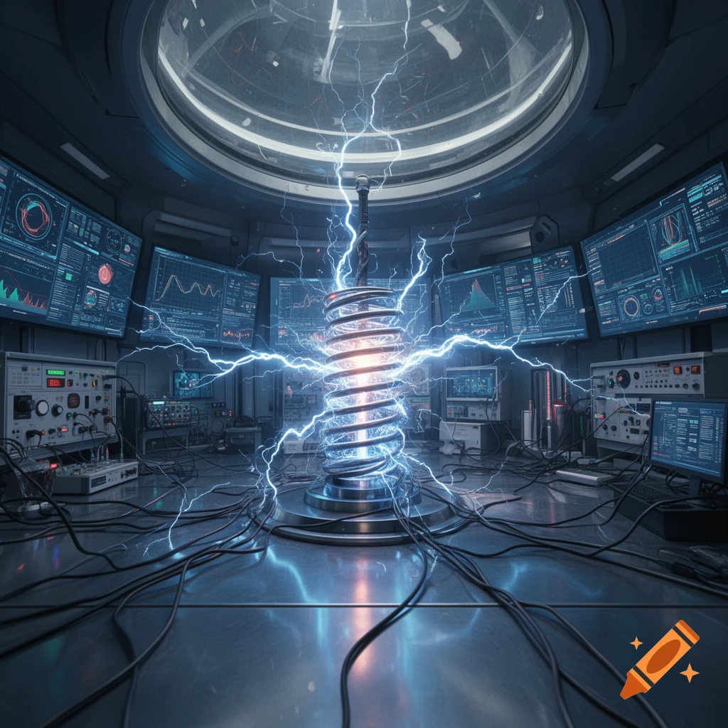 A futuristic laboratory with a central electrical coil sparking with blue lightning, surrounded by multiple screens displaying complex data and equipment.