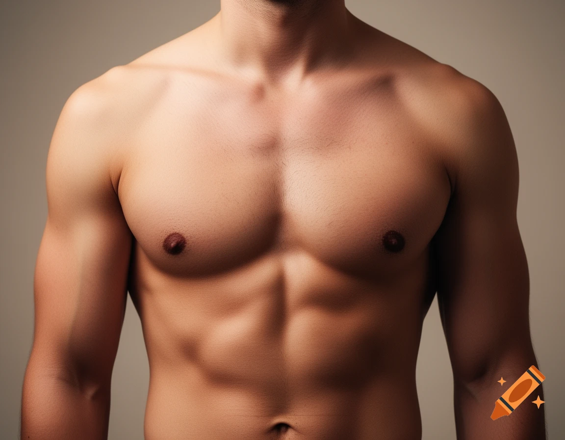 Close-up of a fit, muscular male torso and abdomen, showing chest and arm muscles against a plain background.
