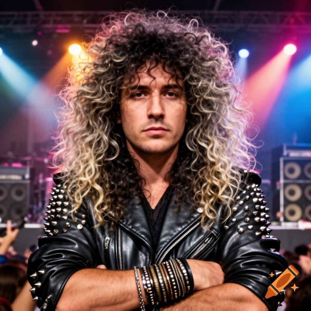 A man with big curly blonde and brown hair and a studded leather jacket stands with crossed arms at a brightly lit concert stage.