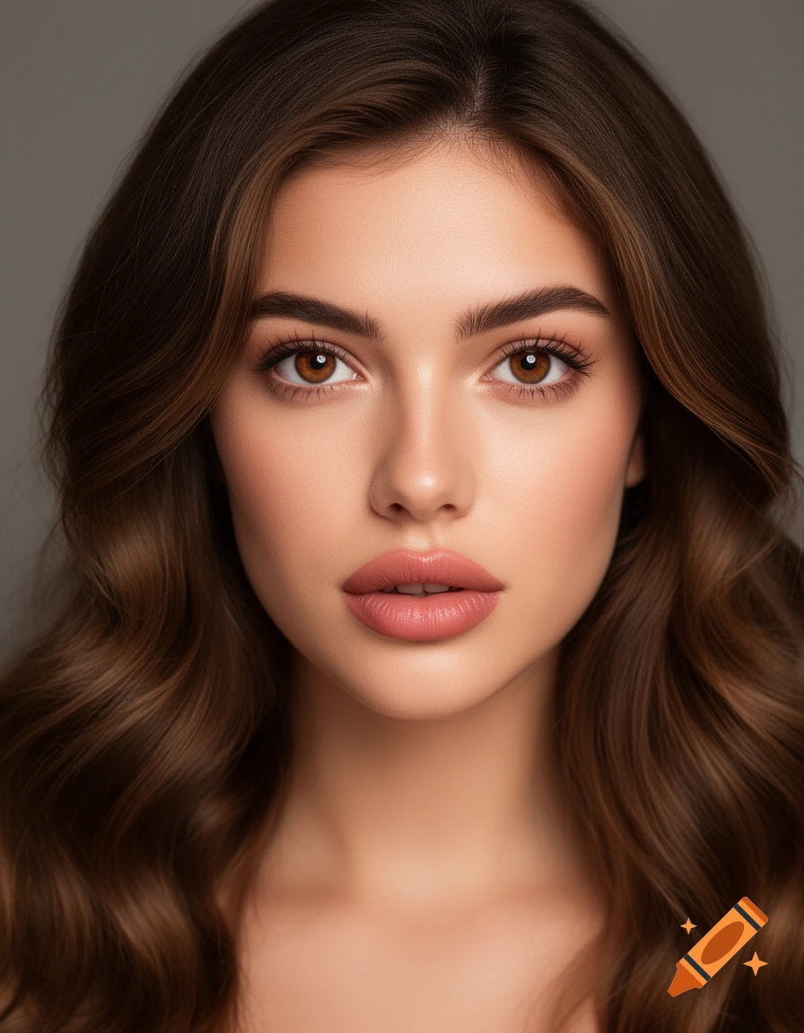 Close-up photorealistic portrait of a young woman with long wavy brown ...