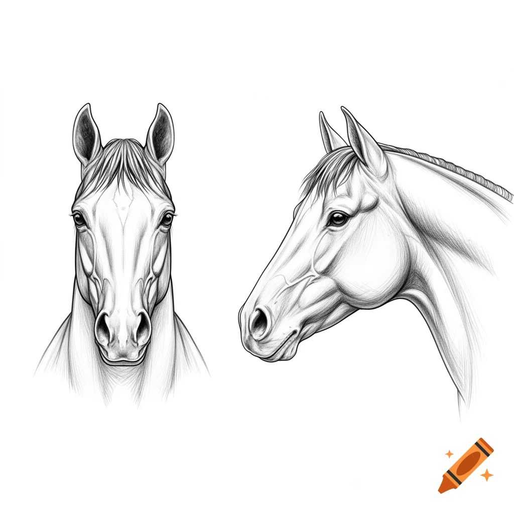 Detailed black and white pencil drawings of a horse's head in front and side profile views.