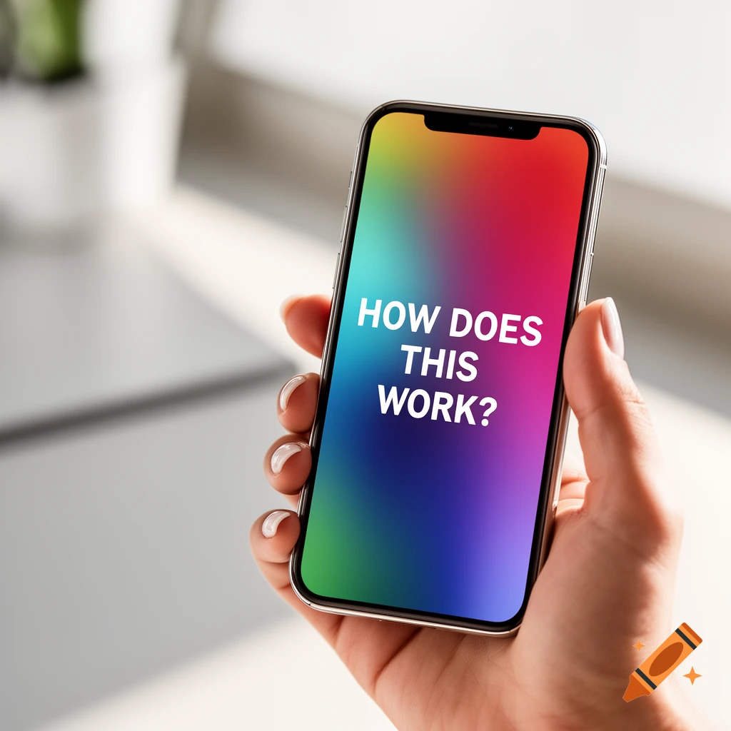 Photorealistic close-up of a hand holding a smartphone with a colorful screen displaying "HOW DOES THIS WORK?"