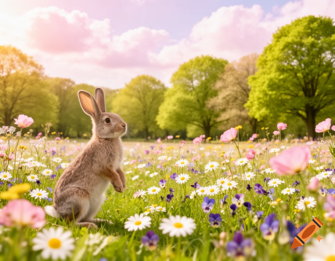 A photorealistic rabbit stands upright in a vibrant spring flower meadow with trees and a pink-hued sky.