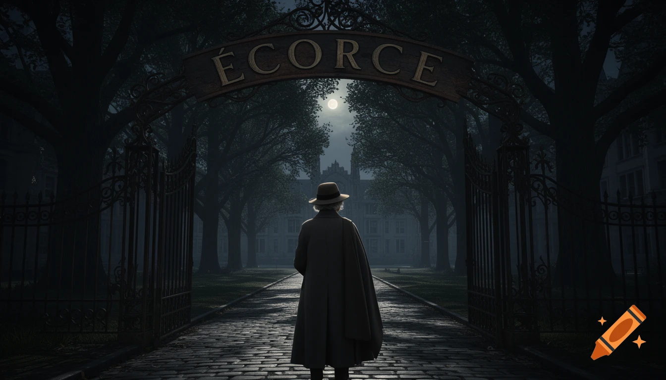 A person in a coat and hat stands before an ornate gate with 'ÉCORCE' above it, looking down a moonlit path to a gothic building in a dark, cinematic style.
