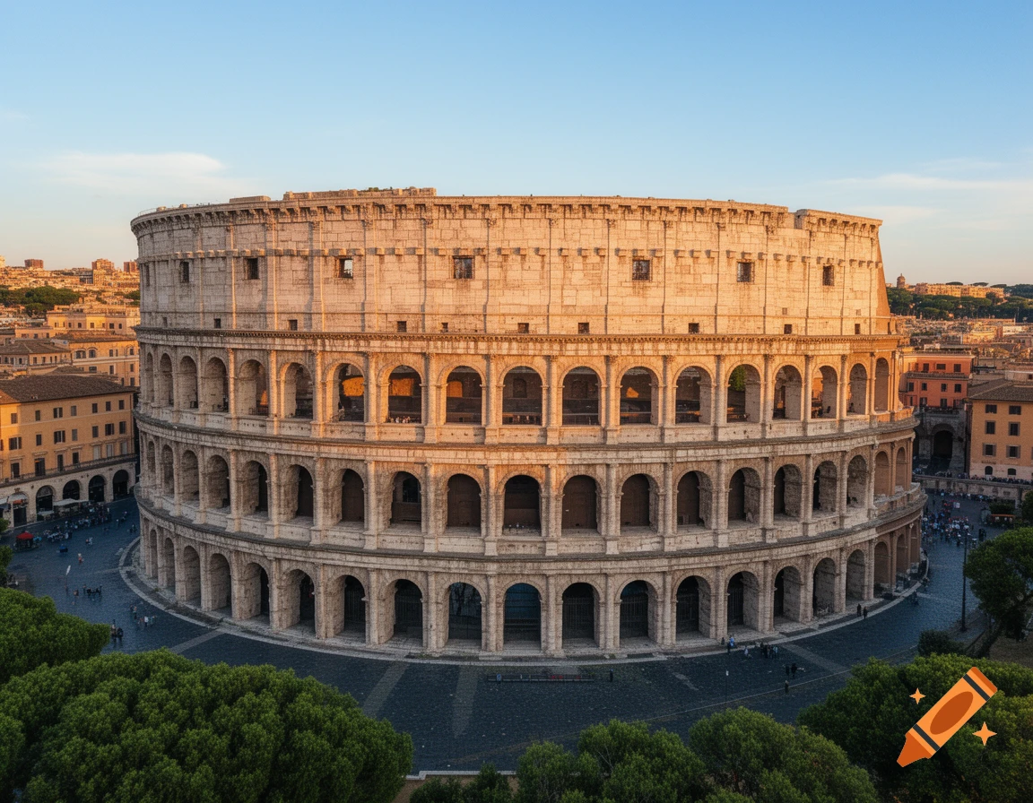Aerial view of the ancient Roman Colosseum at sunset under a clear blue sky, surrounded by city buildings and green trees.
