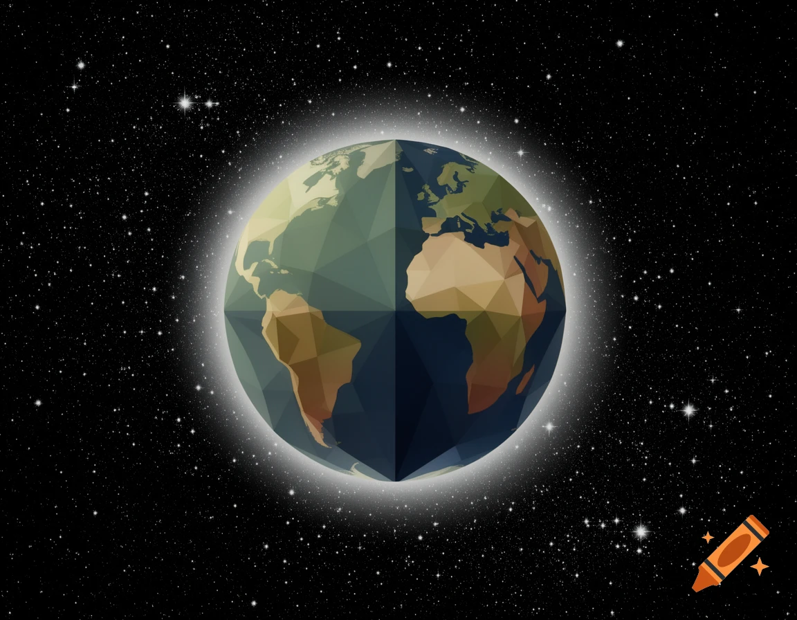 Geometric low-poly Earth with a white glow, against a black starry space background.