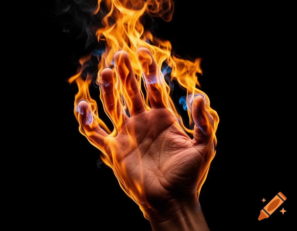 A human hand engulfed in bright orange and blue flames, creating a striking contrast against a dark, black background in a photorealistic style.