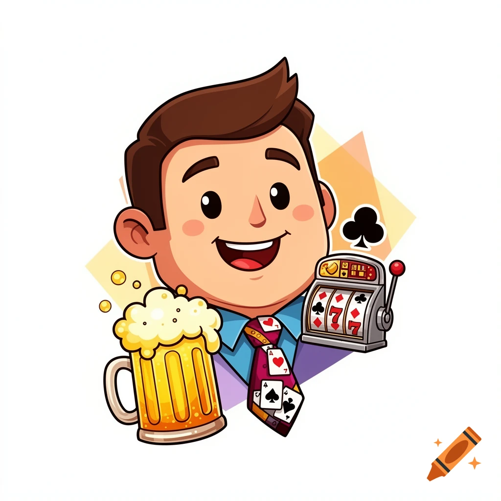 Cartoon man with a big smile, holding a frothy beer mug and a slot machine, wearing a tie with playing card suits.