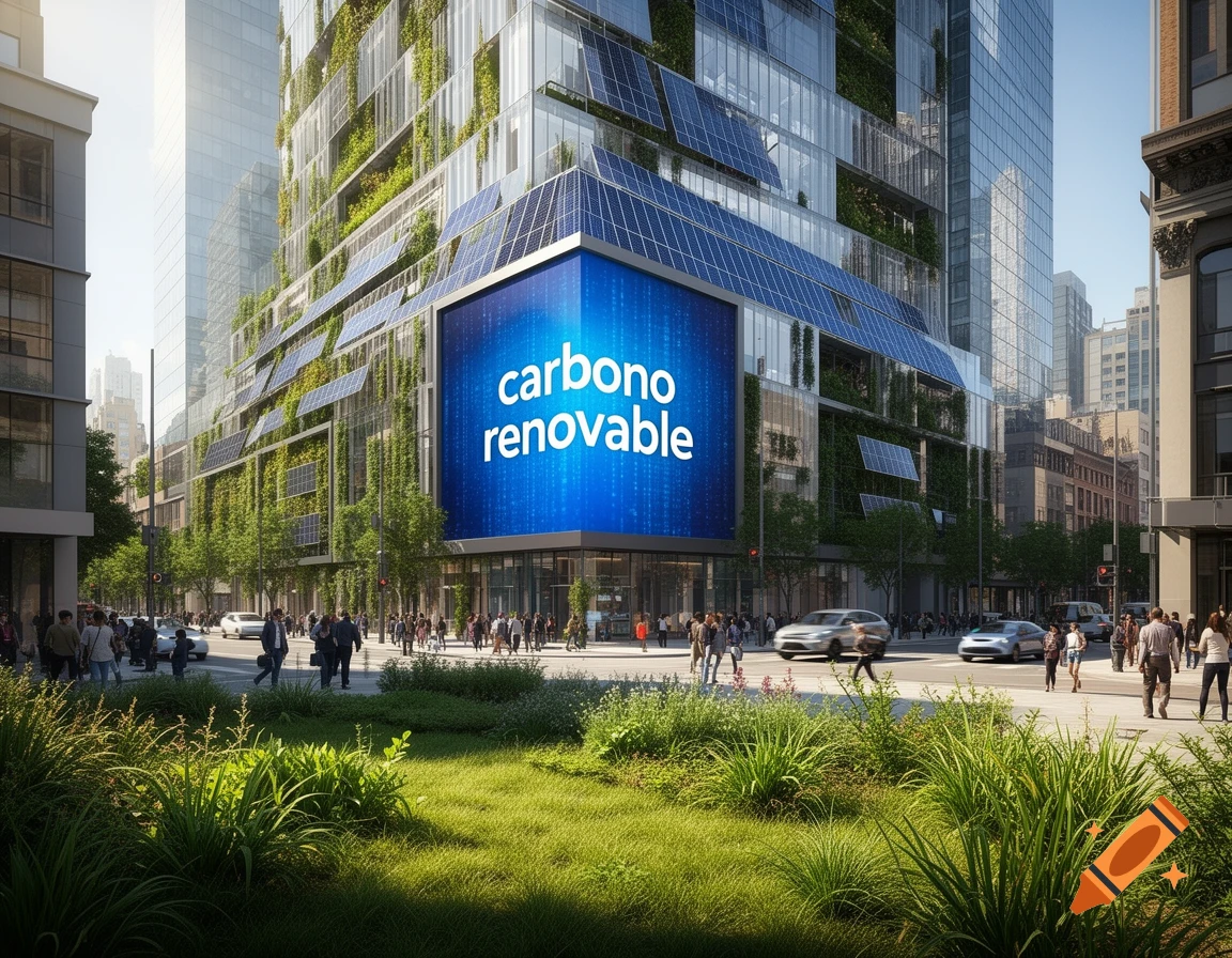 A modern city building with green vertical gardens and solar panels, featuring a large digital billboard displaying "carbono renovable" in a bustling street.