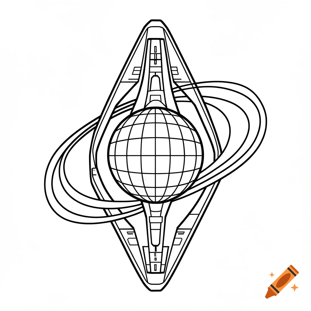 Black and white line art of a stylized, geometric emblem with a grid-patterned globe and orbital rings within a sleek frame.